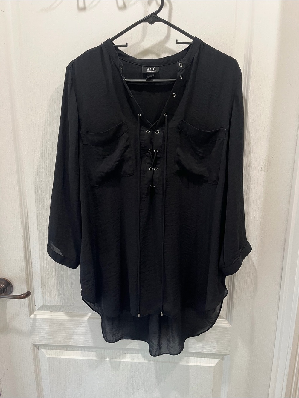 a.n.a Black Lace-Up V-Neck Tunic Blouse